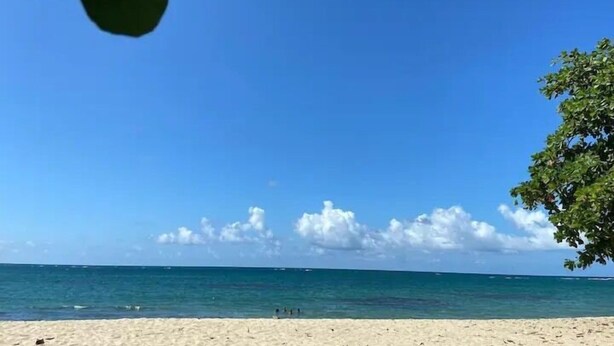 Una playa con cielos despejados y aguas tranquilas.