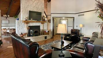 TV connectée, cheminée, lecteur de DVD, livres