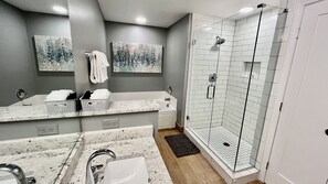 Combined shower/tub, hair dryer, towels, soap