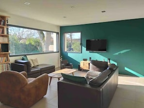 TV connectée, cheminée, lecteur de DVD, table de tennis de table