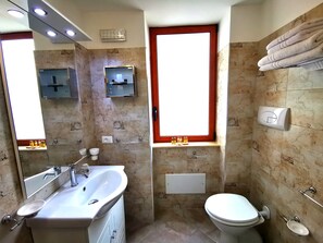 Shower, hair dryer, bidet, towels