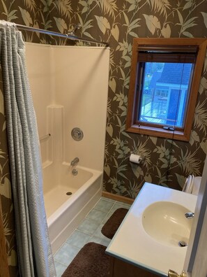 Combined shower/bathtub, hair dryer, towels, soap
