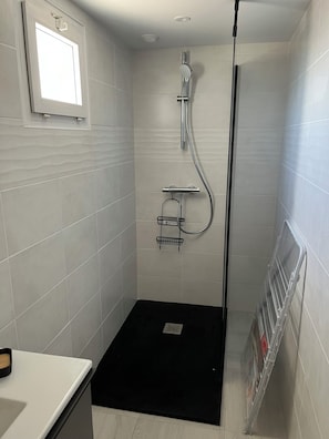 Shower, hair dryer, towels, soap