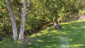 A metal fire pit with logs, surrounded by grass and trees in a wooded area. - Cozy Cabin get away - walking distant to beach (Crofton)