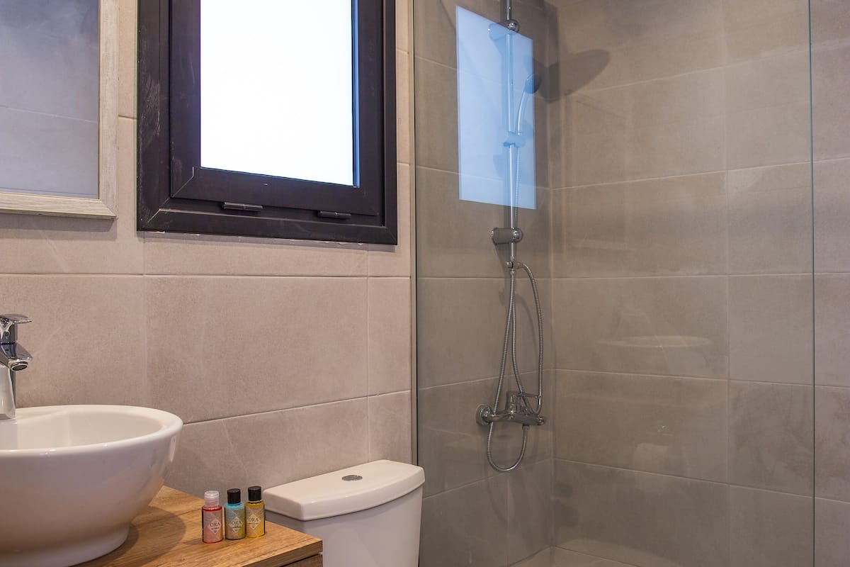 combined shower/bathtub, slippers, towels