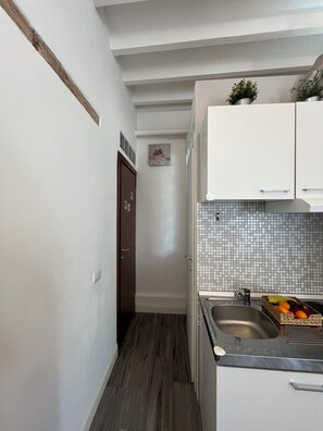 Fridge, microwave, stovetop, coffee/tea maker