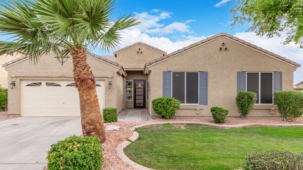 A single-story house with a garage, a front door, and a small front yard with a palm tree and shrubs. - 🏝5 Min to TOP Shop + dine, 🐶 OK, 900mbps internet (Gilbert)