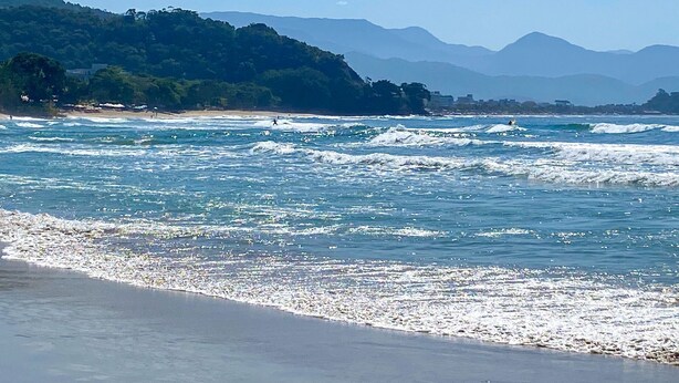 Uma praia com ondas, um areal e uma colina arborizada ao fundo.
