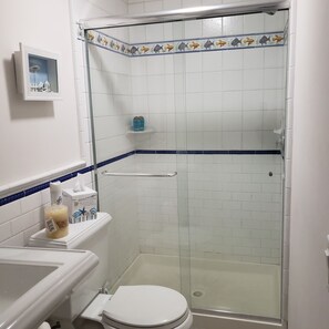 Shower, hair dryer, towels, soap