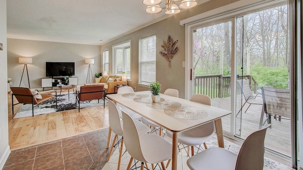 A spacious living room with a large dining table, comfortable seating, a television, and a balcony with a view of trees.