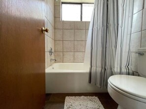浴槽、ヘアドライヤー、タオル、トイレットペーパー