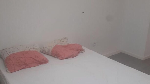 A single bed with a white mattress and two pink pillows. - Great apartment! (Roques)