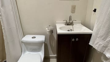 Habitación estándar con 2 camas individuales | Baño | Tina y regadera independientes y regadera tipo lluvia