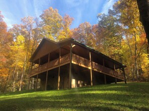 Escape to a tranquil retreat surrounded by a lush forest, with a cozy porch and rustic charm.