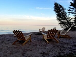 On the beach, sun-loungers, beach towels