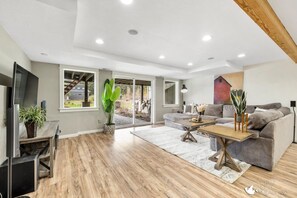 Smart TV, fireplace, books