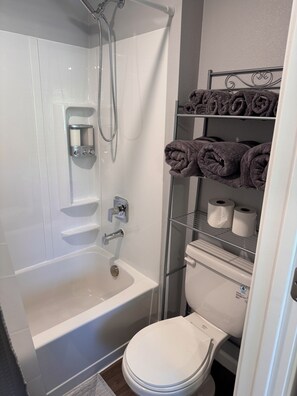 Ensemble douche/baignoire, sèche-cheveux, serviettes fournies, savon