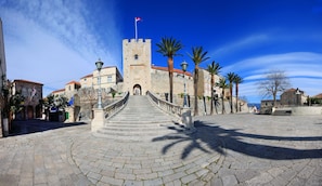 A stone staircase leading to a historic building with a flag, palm trees, and a clear blue sky.