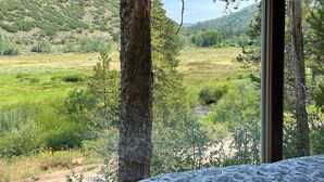A room with a large window offering a view of a grassy field and trees. - Cozy Mountain Paradise (Kamas)