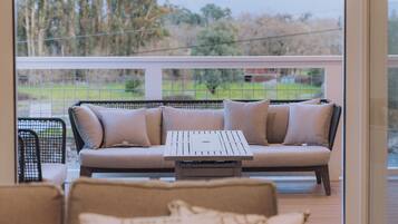 Smart TV, fireplace, books, stereo