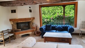 Fireplace, books, music library, stereo