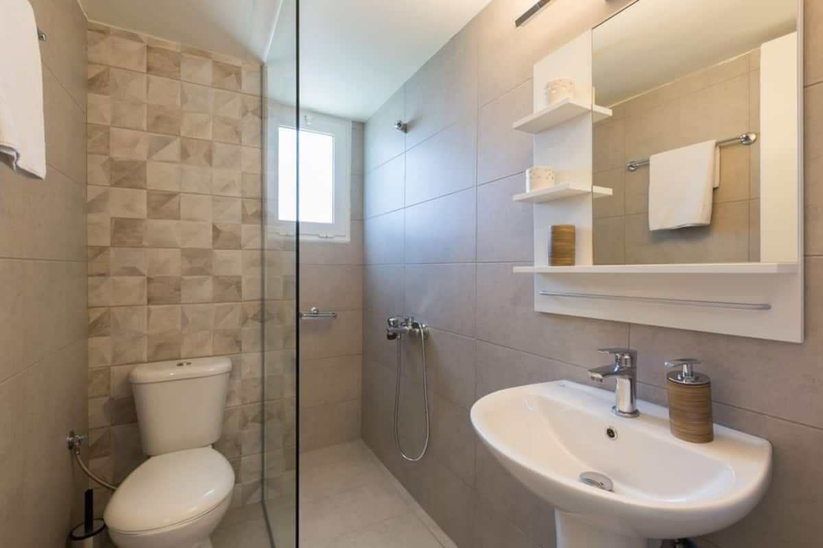 Hair dryer, towels, shampoo, toilet paper