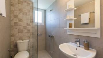Hair dryer, towels, shampoo, toilet paper