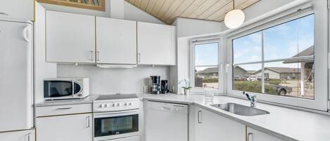 Fridge, stovetop, dishwasher, coffee/tea maker