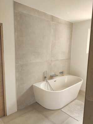 Combined shower/bathtub, hair dryer, towels, soap