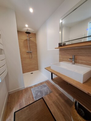 Tina con regadera, secadora de cabello, toallas 