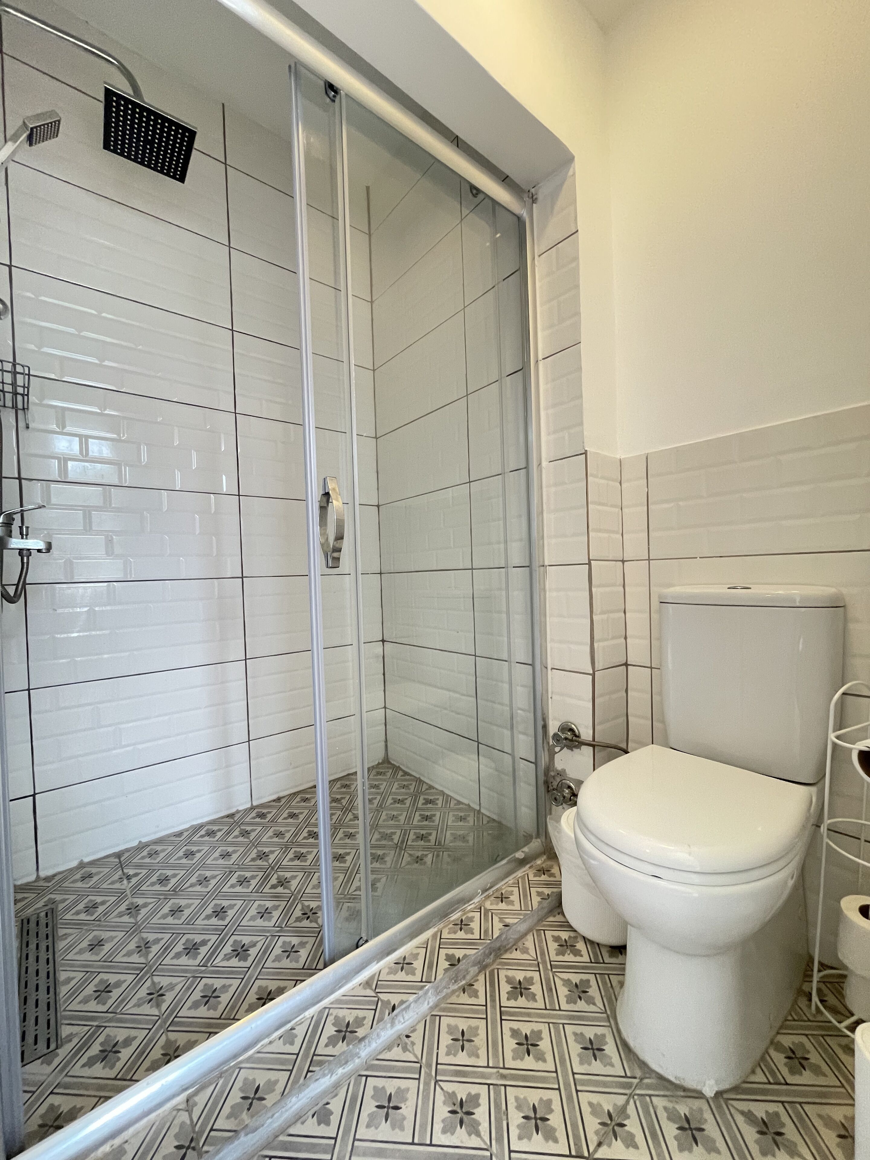 A bathroom with a shower enclosure, a toilet, and patterned floor tiles.