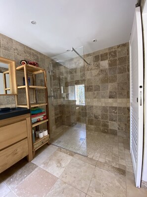 Shower, towels, soap, toilet paper
