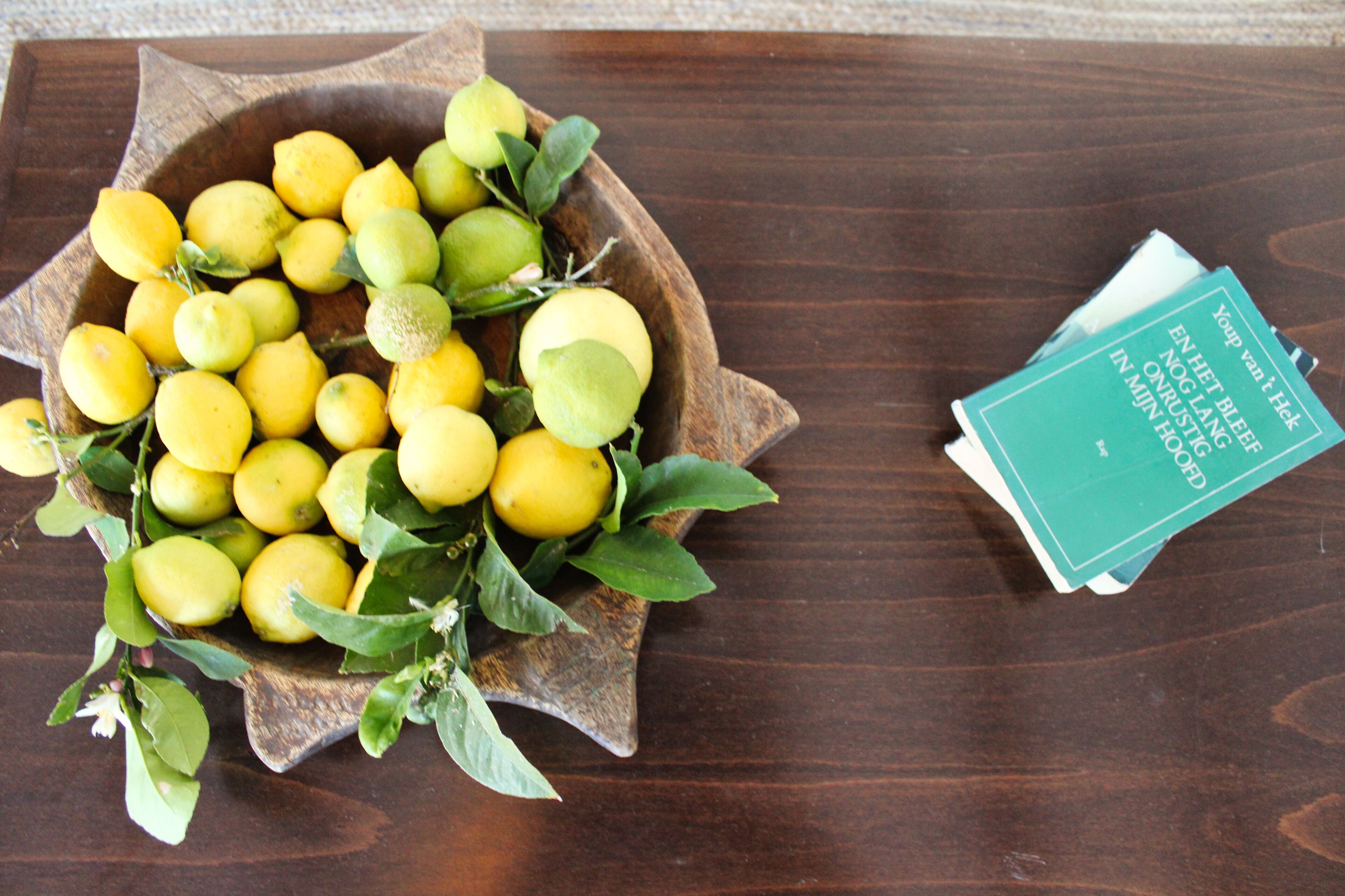 A wooden bowl filled with lemons and green leaves, placed on a wooden table next to a book titled "Yop van't Hek".