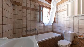 Une salle de bain avec une baignoire, des toilettes et une douche.