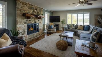 Smart TV, fireplace, foosball, books