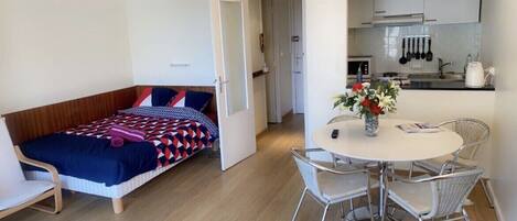 1 bedroom, desk, iron/ironing board, bed sheets