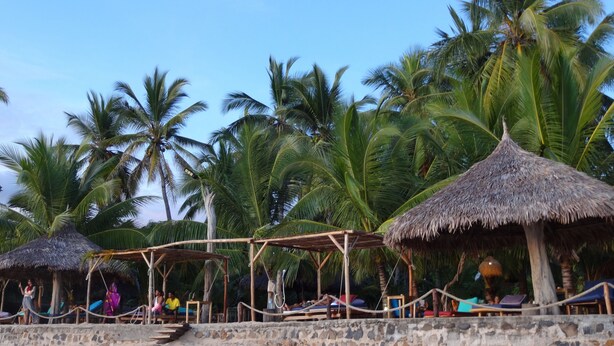 Ein Strand mit strohgedeckten Hütten und Palmen.