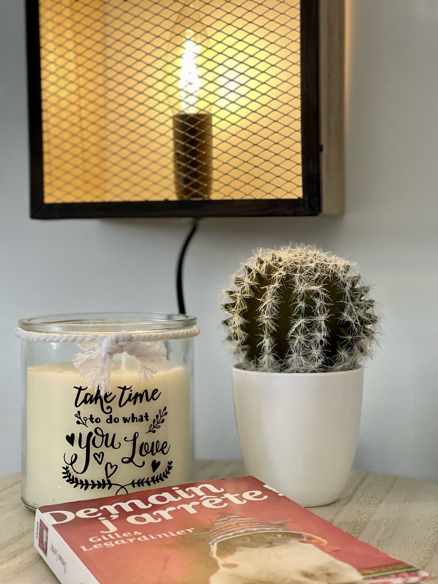 A candle with a motivational message, a potted cactus, and a book titled 'Demain je l'arraire' by Gilles Legardulnier.