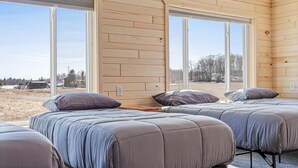 Una habitación con dos camas, ventanas amplias y vistas a un paisaje nevado.