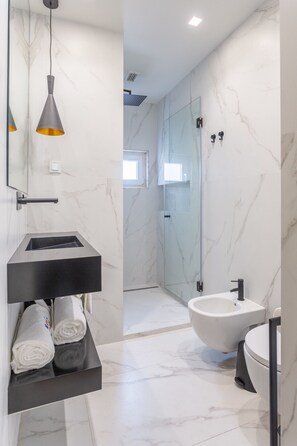 Dusche, Haartrockner, Handtücher, Seife