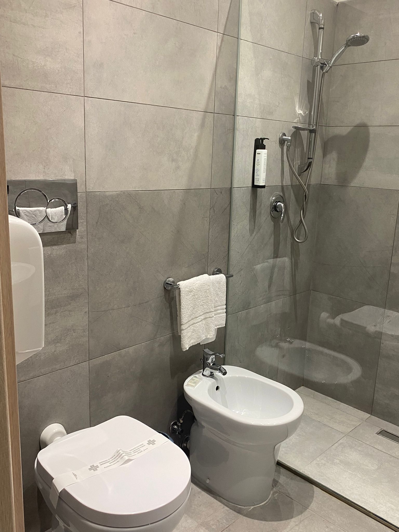 A modern bathroom with a toilet, bidet, and glass-enclosed shower.