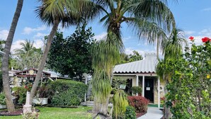 A well-maintained garden with a pathway leading to a building with a tiled roof. - Barefoot Mailman Inn & Suites (Lantana)