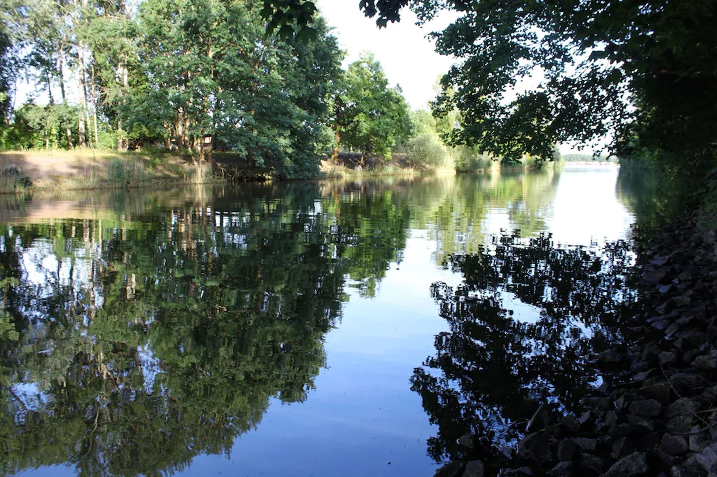 Une rivière paisible où se reflètent les arbres et un mur de pierres.