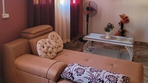 Un saló amb un sofà, un televisor fixat a la paret, un ventilador i una taula amb un ram.