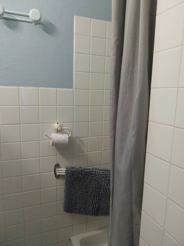Een badkamer met witte betegelde wanden, een handdoekhouder, een toiletrolhouder en een douchegordijn.