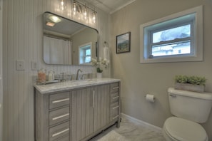 A bathroom with a vanity, a toilet, a window, and a mirror. - Lovely Brick Cottage in Downtown Blue Ridge (Blue Ridge)