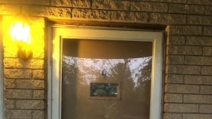 Una puerta con un panel de vidrio y un pequeño ventanal arriba, en una pared de ladrillo.