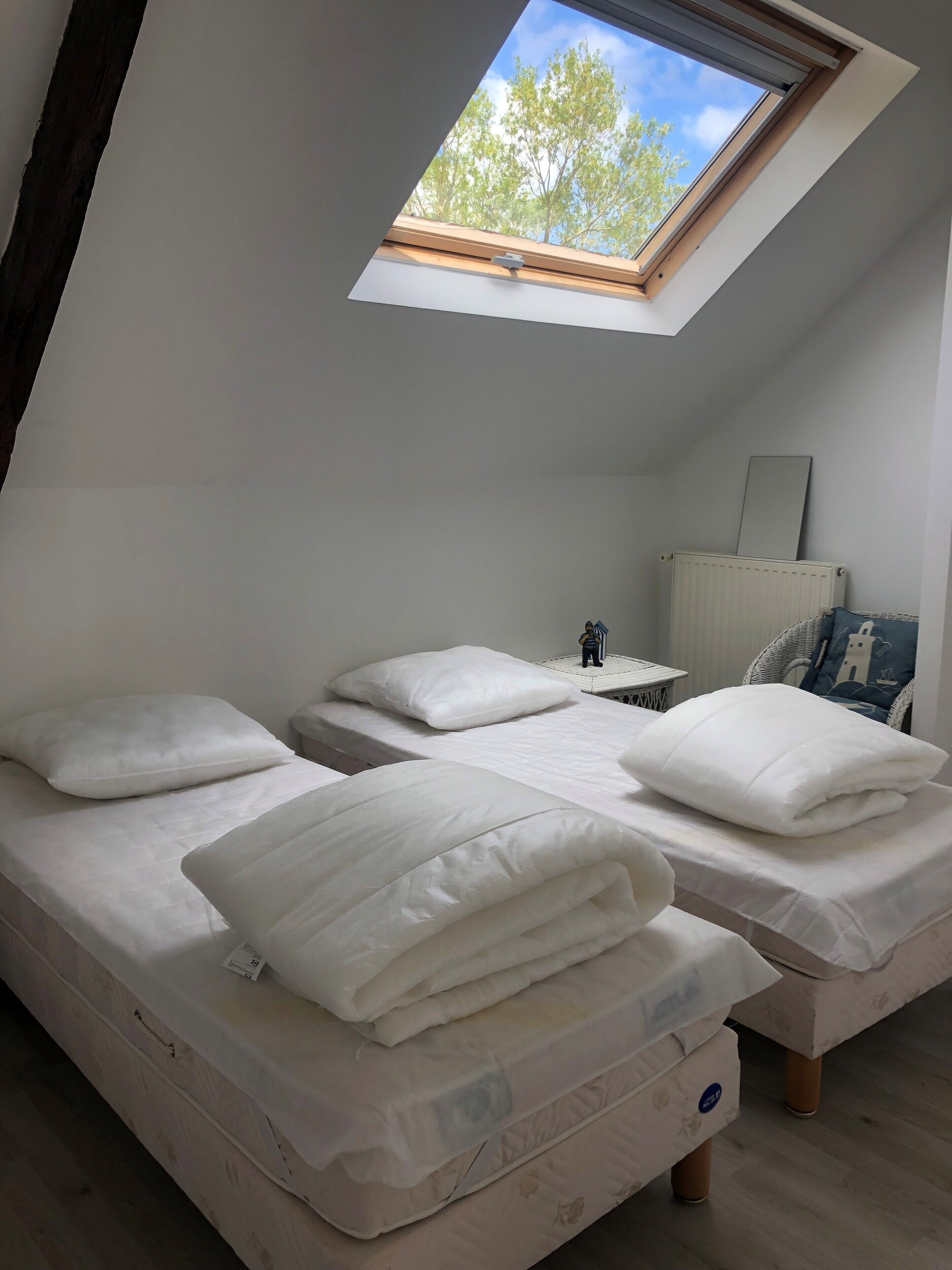 Ein Schlafzimmer mit zwei Betten, einem Oberlicht, einer Heizkörper und einem kleinen Tisch.