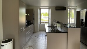 A modern kitchen with stainless steel appliances, a central island, and a view to the outside.