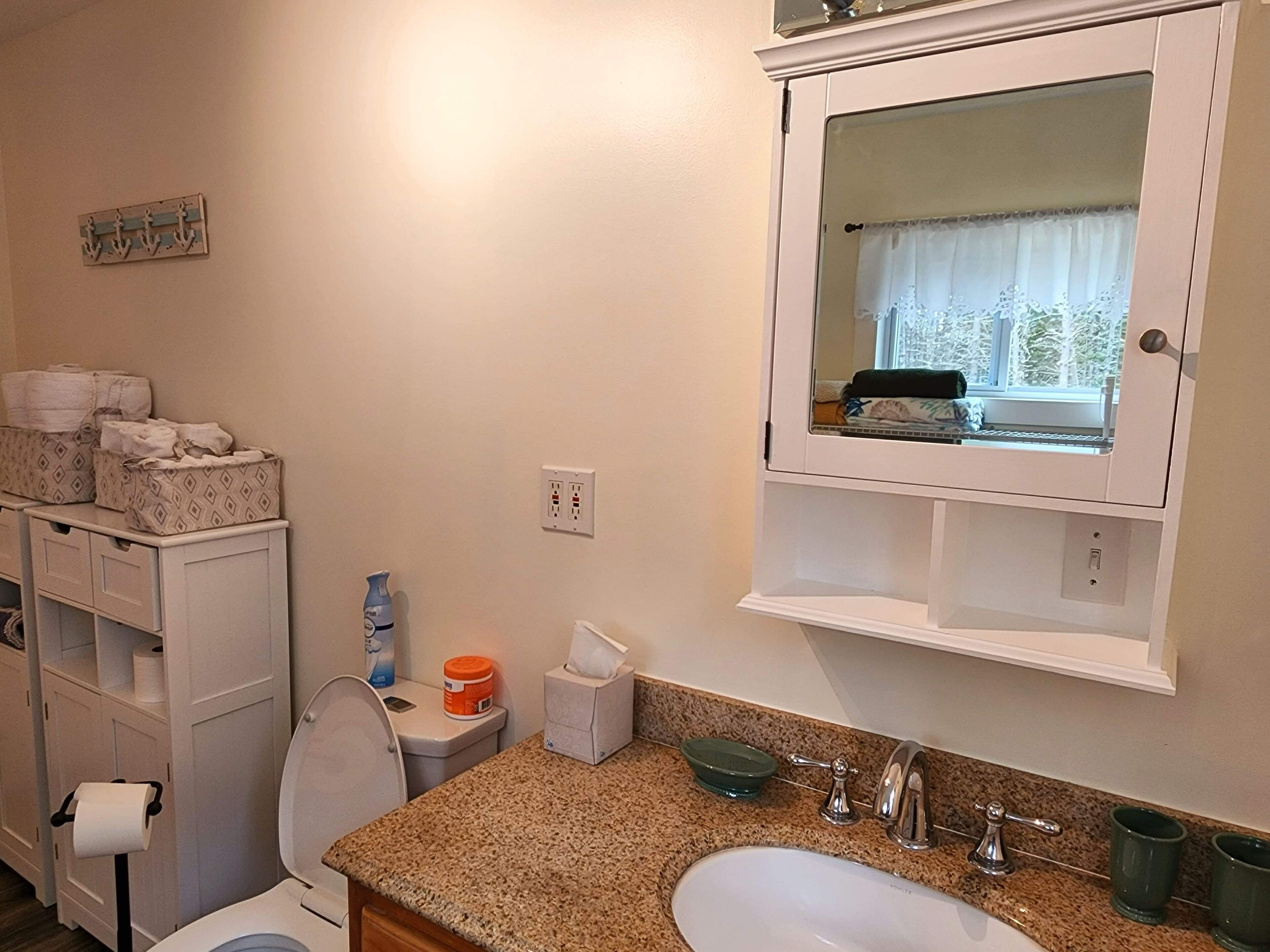 A bathroom with a sink, mirror, and toilet. There are storage cabinets and a window with a view.